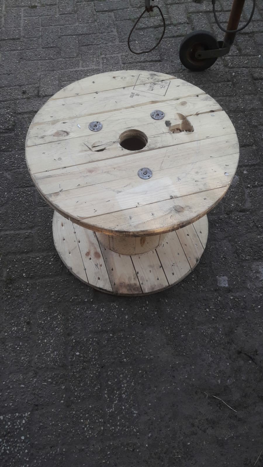 Tuintafel bijzettafel kruk houten haspel, Tuin en Terras, Ophalen of Verzenden, Rond, Hout