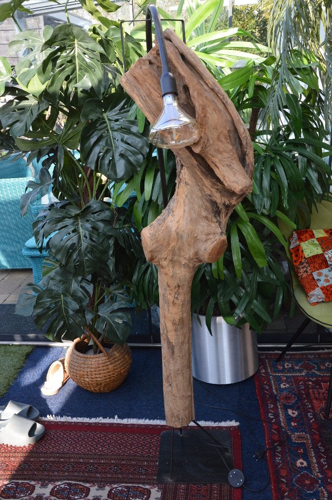 Prachtige Indonesische teakhouten vloerlamp/ boomstamlamp, Ophalen, Gebruikt, Natuurlijk, E27 (groot)