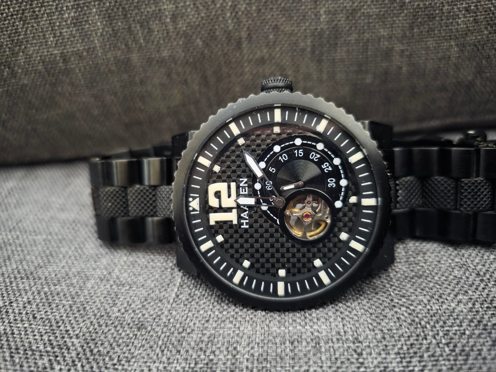 HAAVEN Automatic 90902BK-BK Herenhorloge Zwart Miyota 82S5, Sieraden, Tassen en Uiterlijk, Ophalen of Verzenden, Gebruikt, Overige materialen