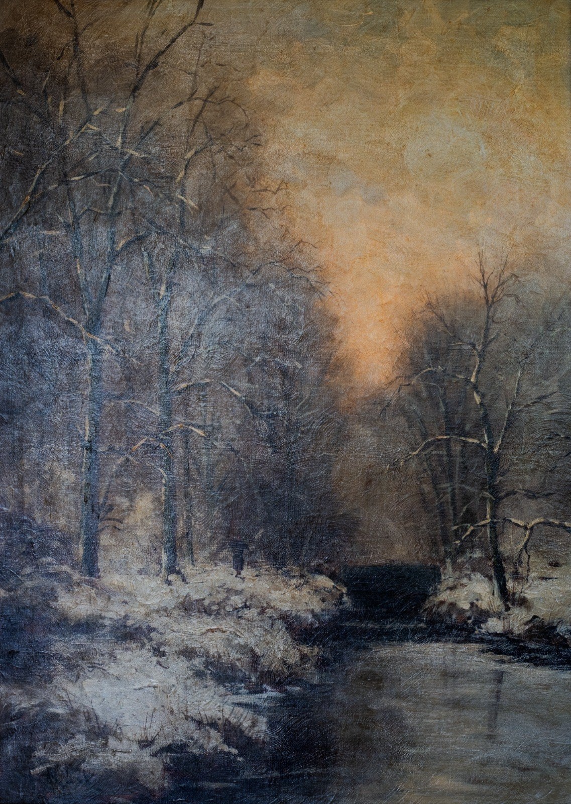Groot vintage olieverfschilderij winterlandschap – H. Rust –, Ophalen of Verzenden, Realistisch, Landschap
