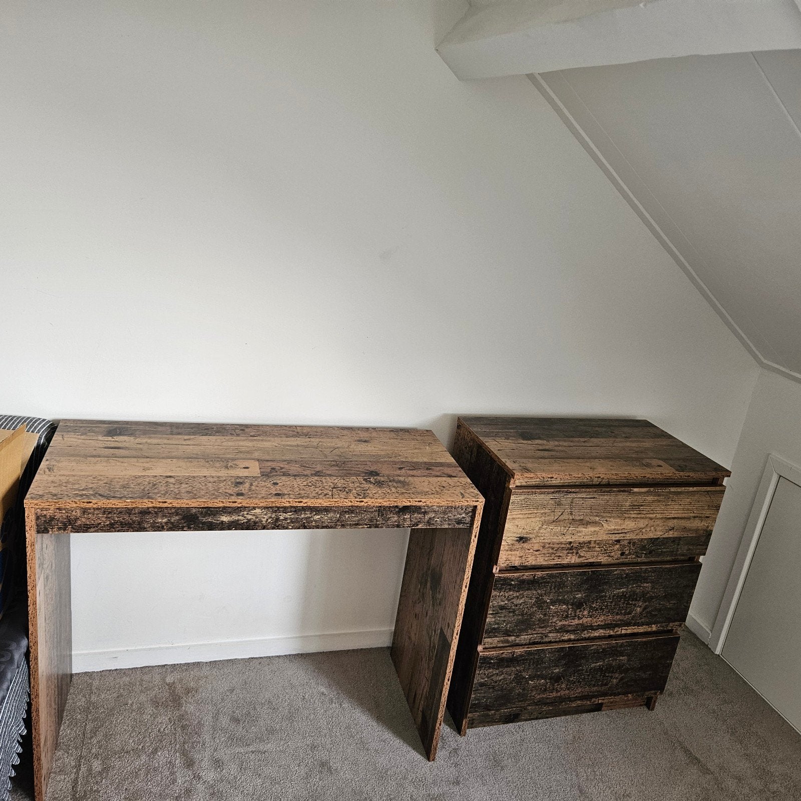 Bureau en Dressoir Set - Oud Houtkleurig Bewerkt Hout, Ophalen, Gebruikt, 50 tot 100 cm, Rustiek, Industrieel