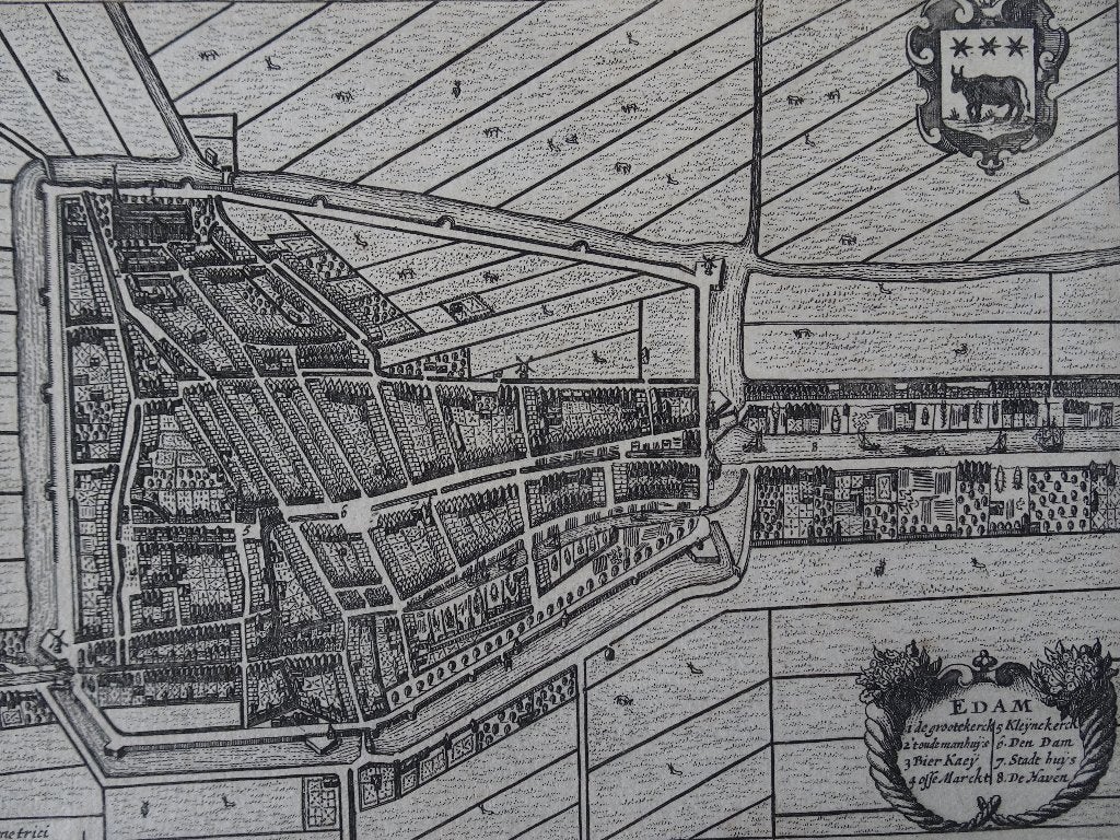 originele gravure plattegrond Edam, Blaeu, 1649, Ophalen of Verzenden, Origineel