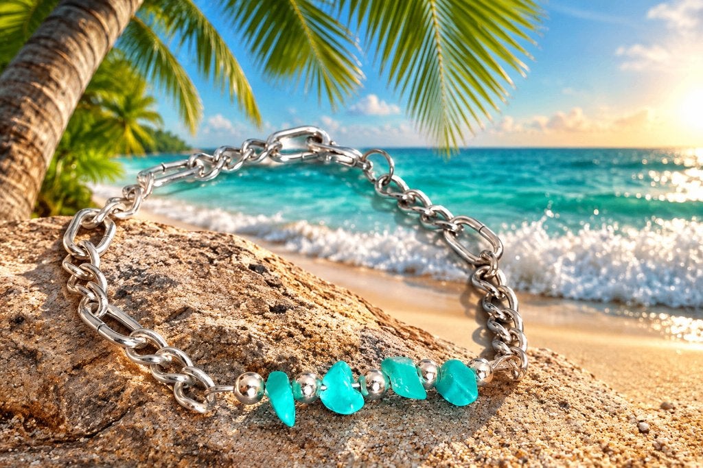 ️ Prachtige Figaro Schakelarmband met Turquoise (18-21 cm), Met bedels of kralen, Staal, Nieuw, Verzenden