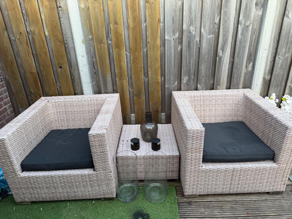 Wicker Loungeset met 2 Stoelen en Bijzettafel, Tuin en Terras, Tuinsets en Loungesets, Gebruikt, Loungeset, Wicker, Stoel