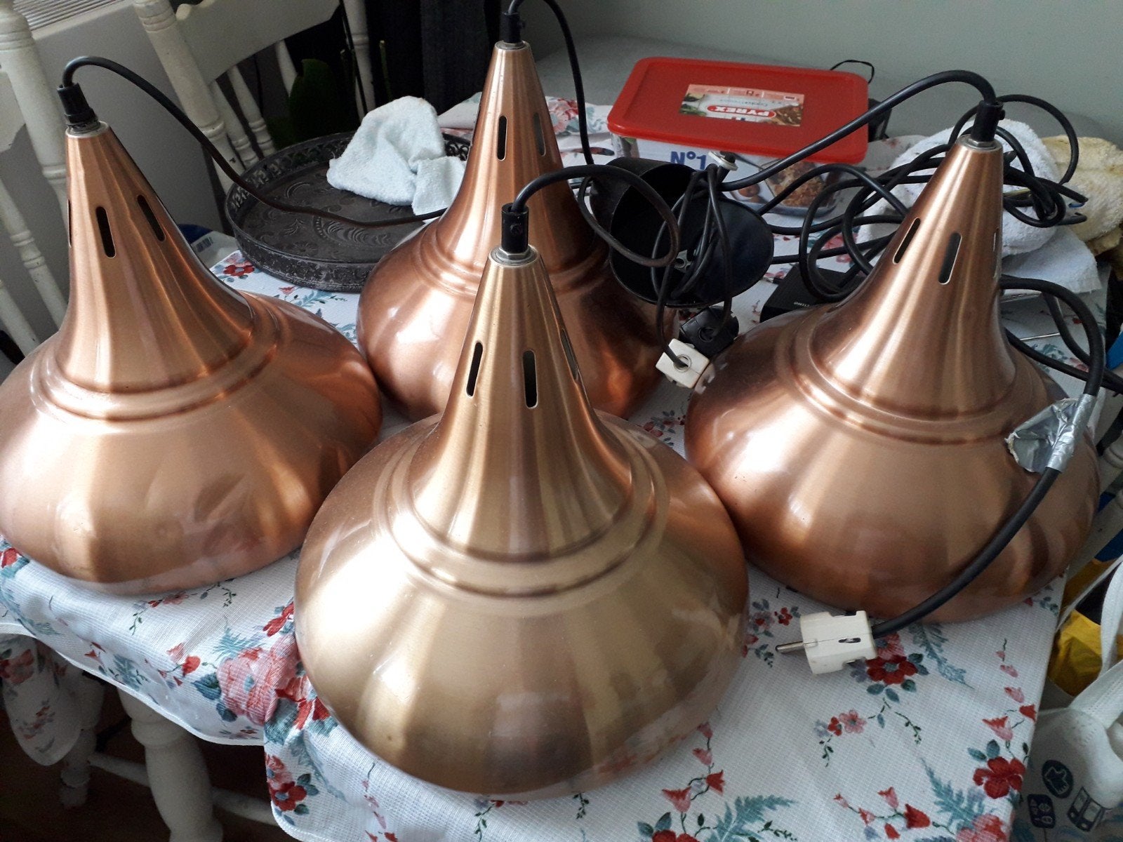 Koperkleurige Biljart Lampen - Set van 4, Ophalen, Minder dan 50 cm, Gebruikt, Industrieel, Retro, Biljart