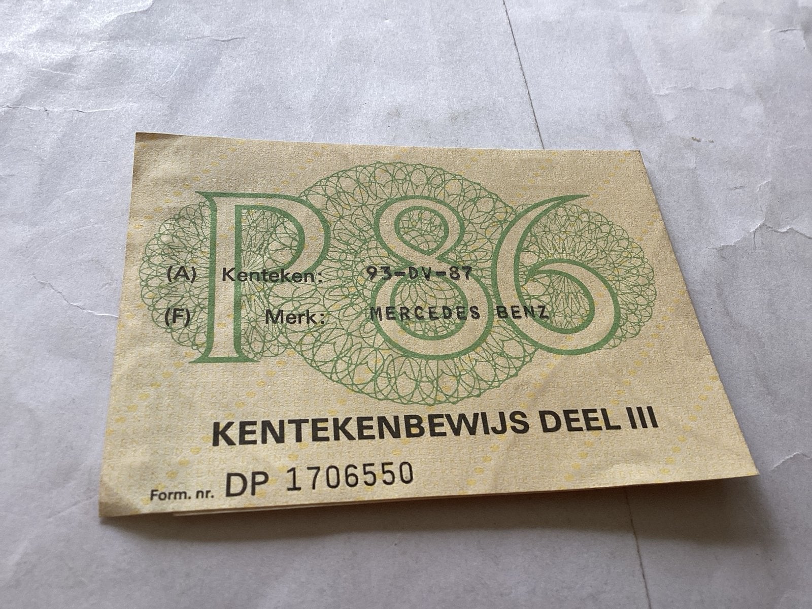 Oud Kentekenbewijs Deel III Mercedes Benz 93-DV-87, Ophalen of Verzenden