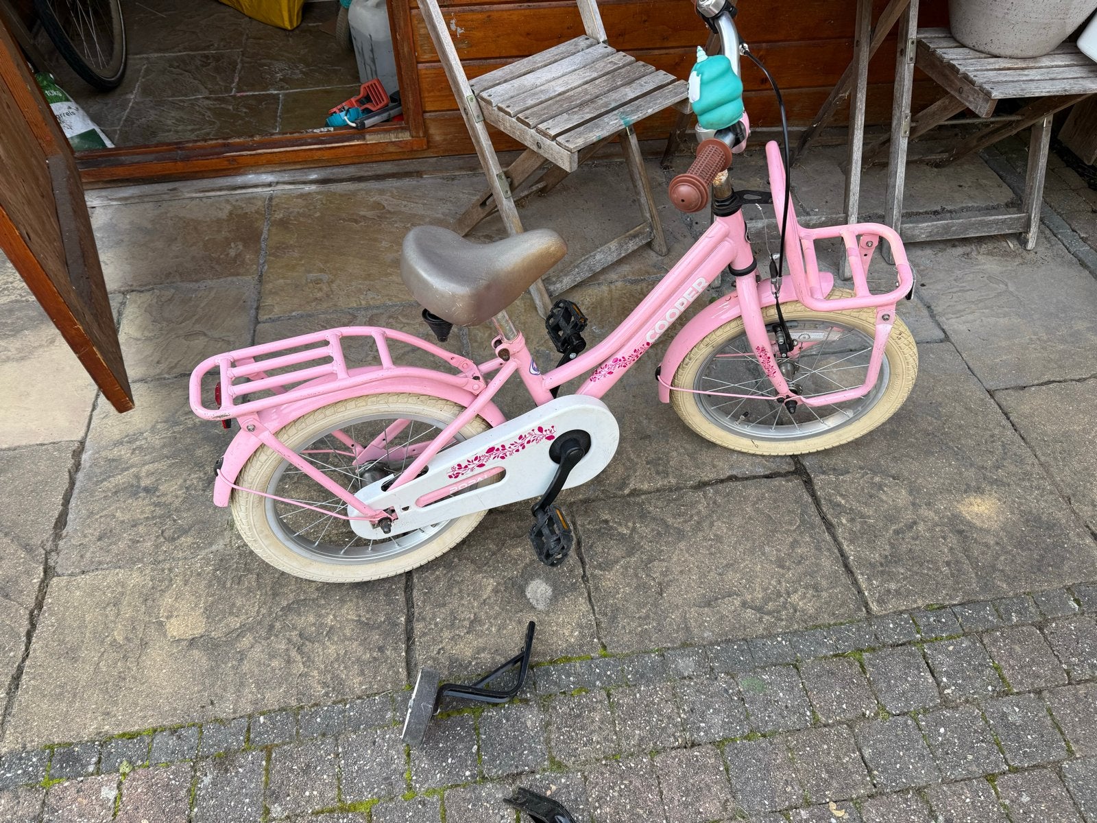 Roze kinderfiets, 16inch gebruikt, Ophalen, Terugtraprem, Zijwieltjes, 16 tot 20 inch