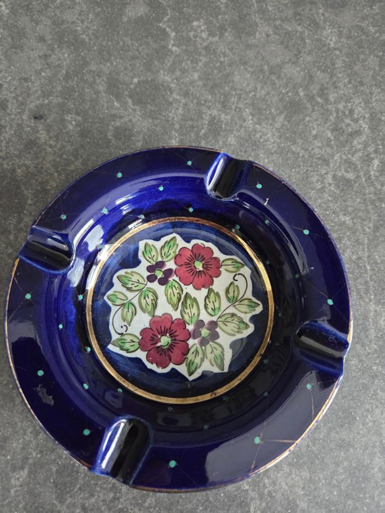 Vintage Flora Gouda Holland Asbak - Kobaltblauw met Bloemen, Ophalen of Verzenden