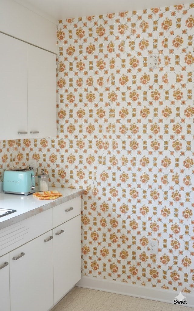 14250 vintage bloemen behang oranje geel wit swiet, Verzenden, Wit