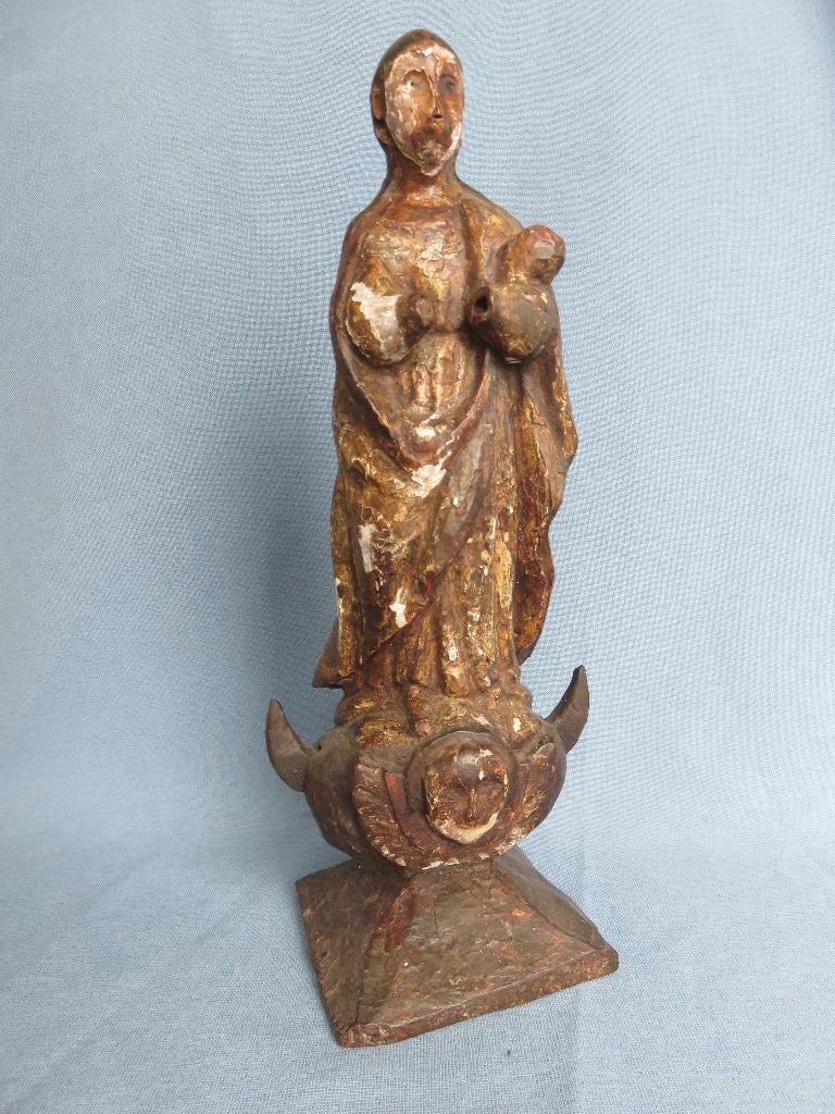 Goa - Maria op de maan beeld in hout - 18e - 19e eeuw, Antiek en Kunst, Antiek | Religie, Ophalen of Verzenden