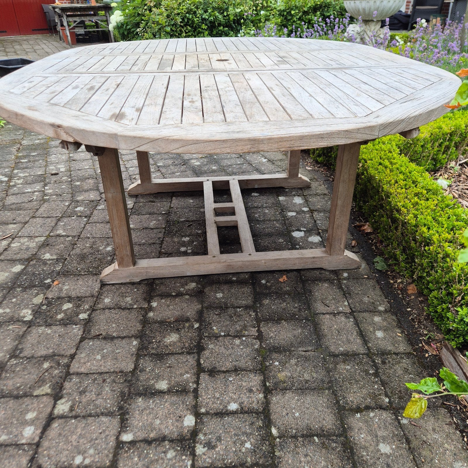 Grote Teakhouten Tuintafel - Ovaal/Rond 150-200 cm, Ophalen, Gebruikt, Ovaal, Teakhout
