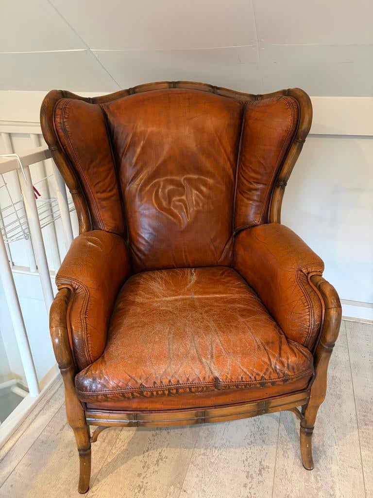 Vintage Leren Fauteuil met Houten Frame, Ophalen