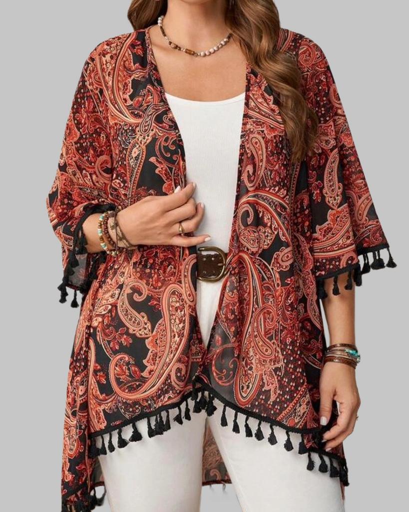 Boho Kimono met Paisley Print en Kwastjes (46-54), Verzenden, Nieuw, Zwart, Trui of Vest