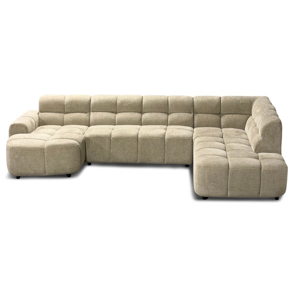 Foto 10 van Vakken bank taupe stof lounge hoekank **uit voorraad**