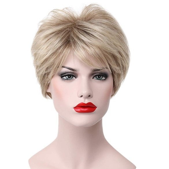 Moderne pruik kort haar in laagjes grijsblond donkere roots, Ophalen of Verzenden, Nieuw, Pruik of Haarverlenging