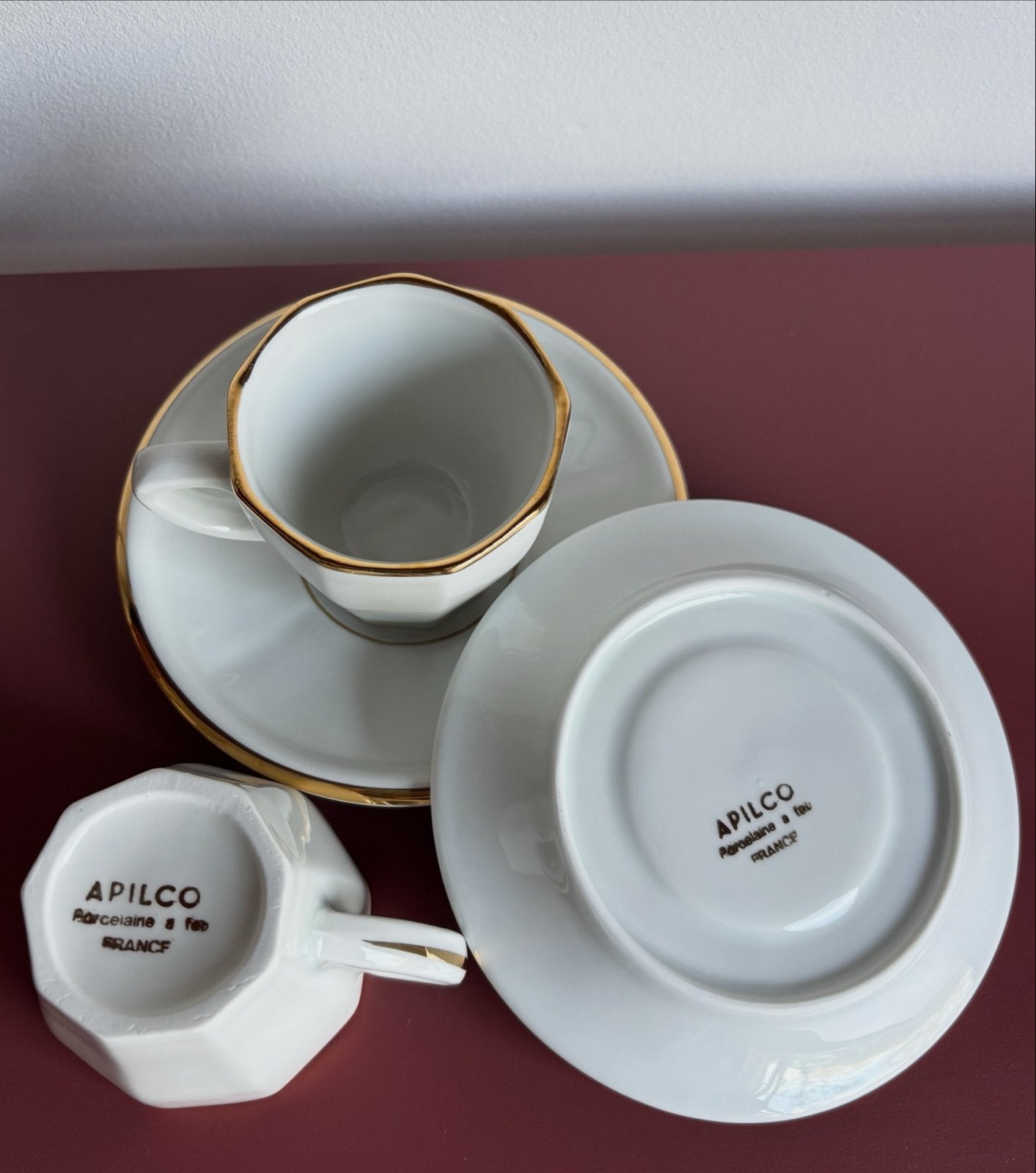 Set van 2 Apilco porseleinen espresso kopjes met schotels, Ophalen of Verzenden