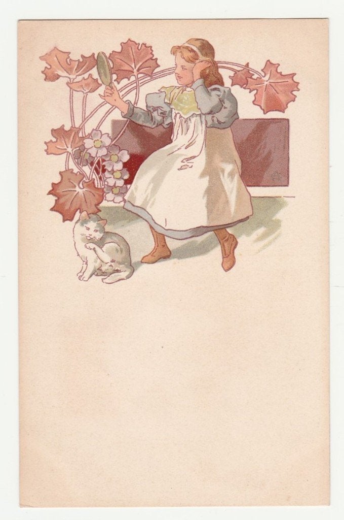 Art Nouveau.  Meisje met poes.  Meer dan 121 jaar oud !, Verzenden, Voor 1920, Ongelopen, Overige thema's