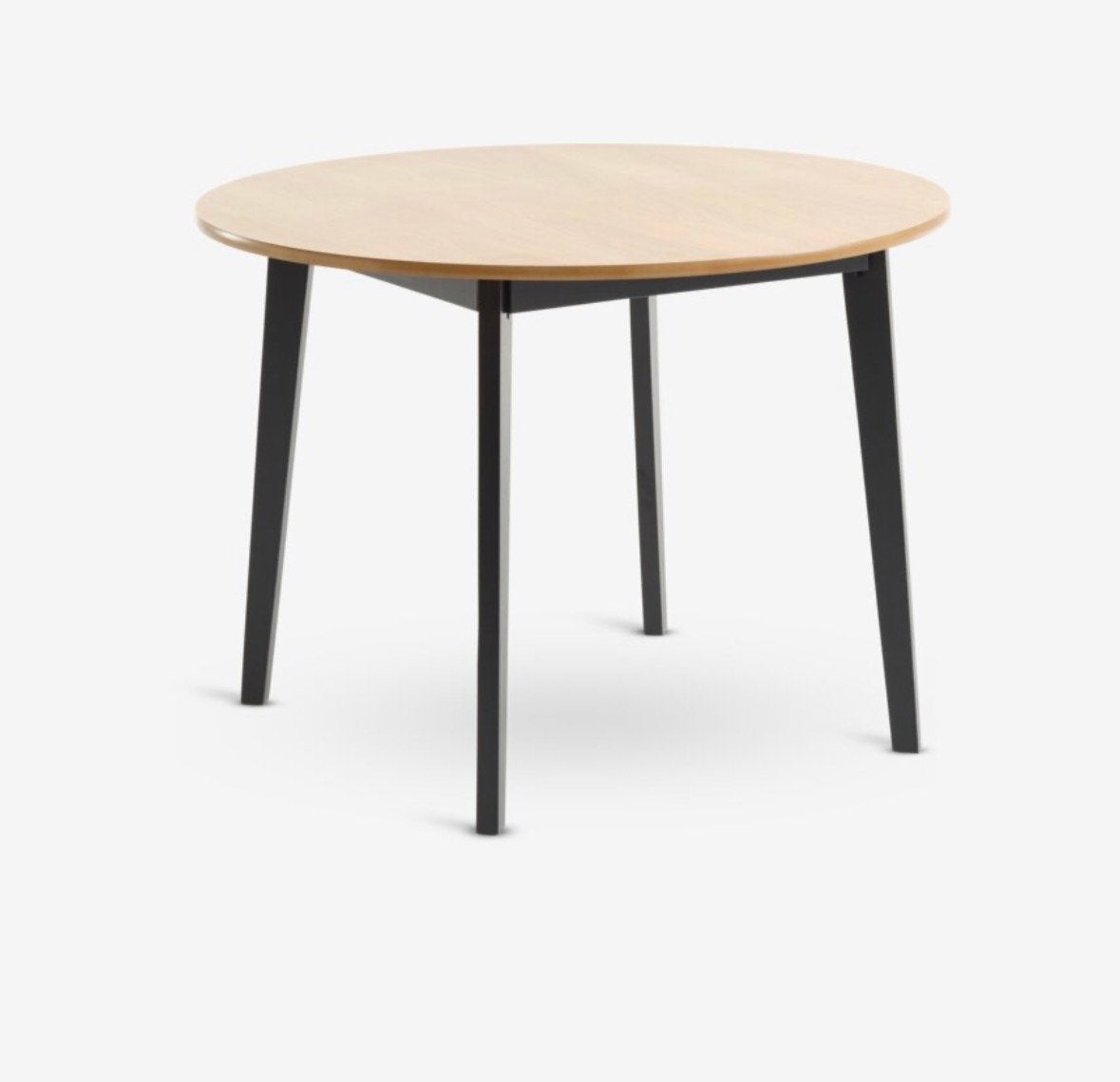 Ronde eettafel JYSK met licht eiken blad en zwarte poten, Ophalen, Gebruikt, 100 tot 150 cm, 50 tot 100 cm