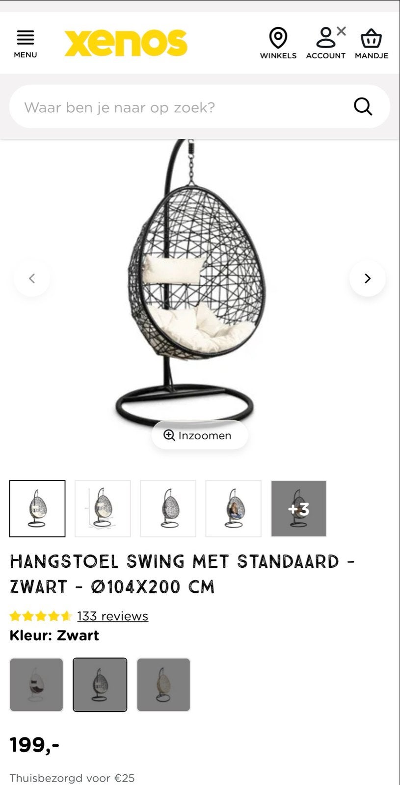 Zwarte hangstoel met standaard en kussen, Ophalen, Gebruikt, Zwart, Metaal