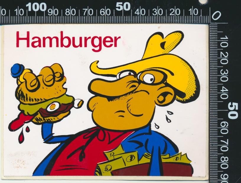Sticker: Hamburger, Verzamelen, Stickers, Zo goed als nieuw, Strip of Tekenfilm, Ophalen of Verzenden