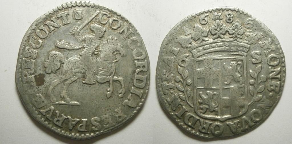 Utrecht Rijderschelling zilver 1686 OVERSLAG 81, Postzegels en Munten, Munten | Nederland, Vóór koninkrijk, Zilver, 25 cent, Ophalen of Verzenden