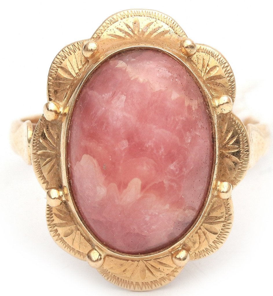 Uitstekend antiek ring 14 krt gouden rosochrosiet maat 16.5, Ophalen, Goud, Ring, Met edelsteen