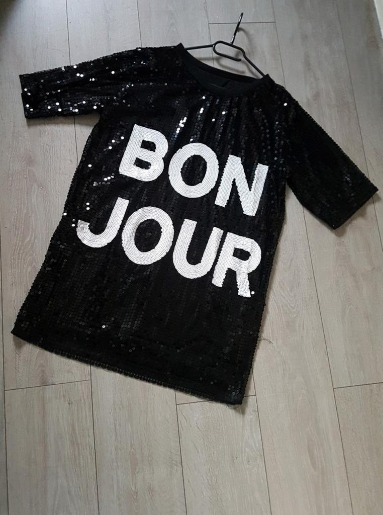 Top zwart glitter met opdruk one size, Verzenden, Zo goed als nieuw, Zwart, Korte mouw