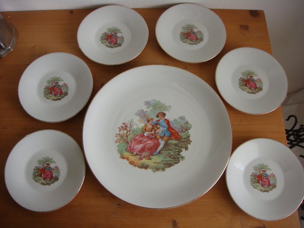Ouderwets 7-delig gebakstel / petit four stel, Ophalen of Verzenden, Overige stijlen, Porselein, Schaal of Schalen