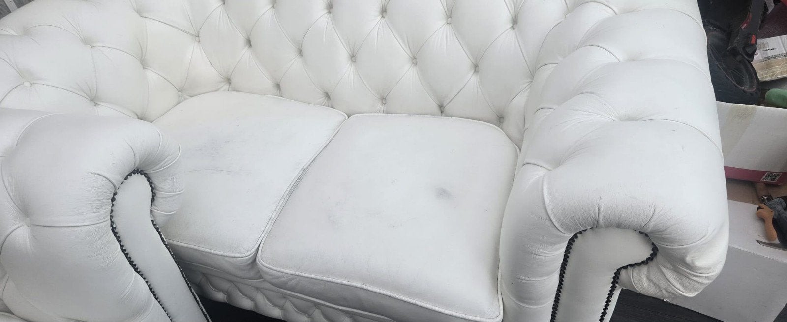 Witte Chesterfield 2- en 3-zits bankstel (doorgezakt), Ophalen, Gebruikt, Leer, Chesterfield
