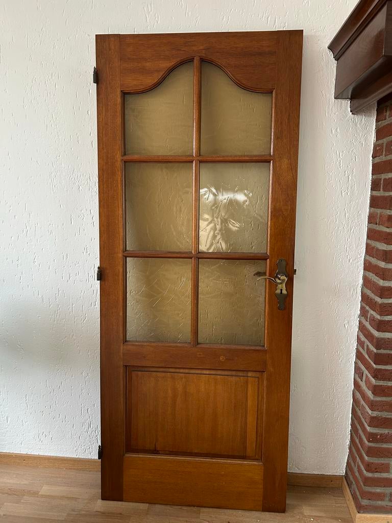 Mahonie hardhouten deur met glas - 201x82,5 cm, Doe-het-zelf en Verbouw, Deuren en Horren, Ophalen, Gebruikt, 80 tot 100 cm, Binnendeur
