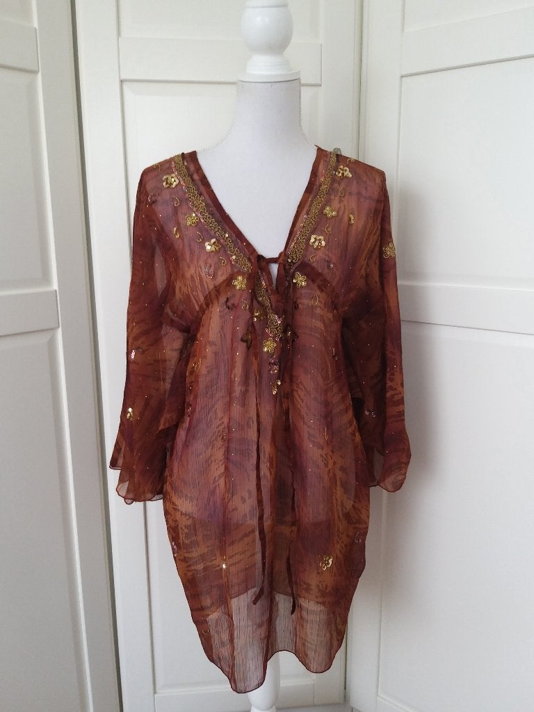 Nieuwe bruine ibiza gipsy hippie chiffon tuniek, maat L, Kleding | Dames, Blouses en Tunieken, Ophalen of Verzenden, Nieuw, Maat 42/44 (L)
