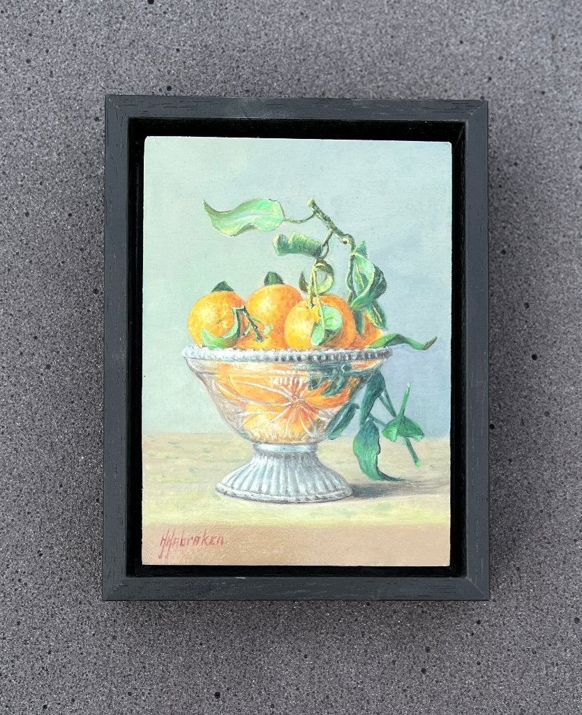 Schilderij mandarijnen in een glas. Hans Habraken.