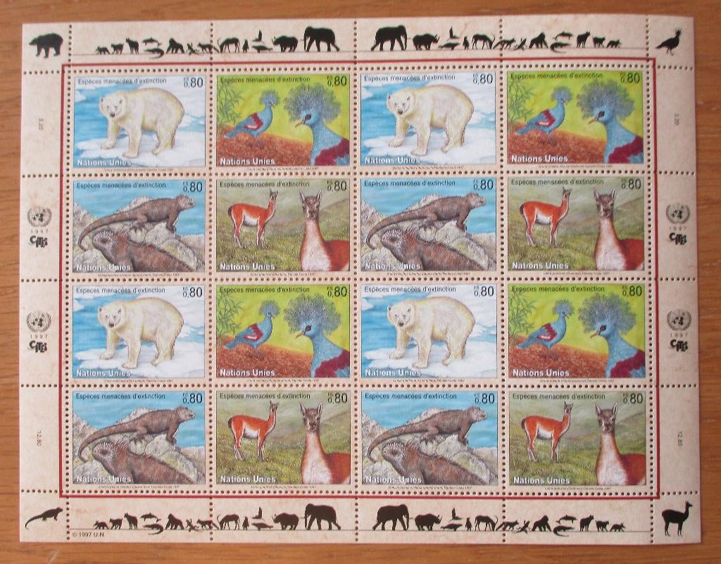 VN Genève, serie Bedreigde diersoorten, compleet vel, 1997, Verzenden, Postfris, Dier of Natuur