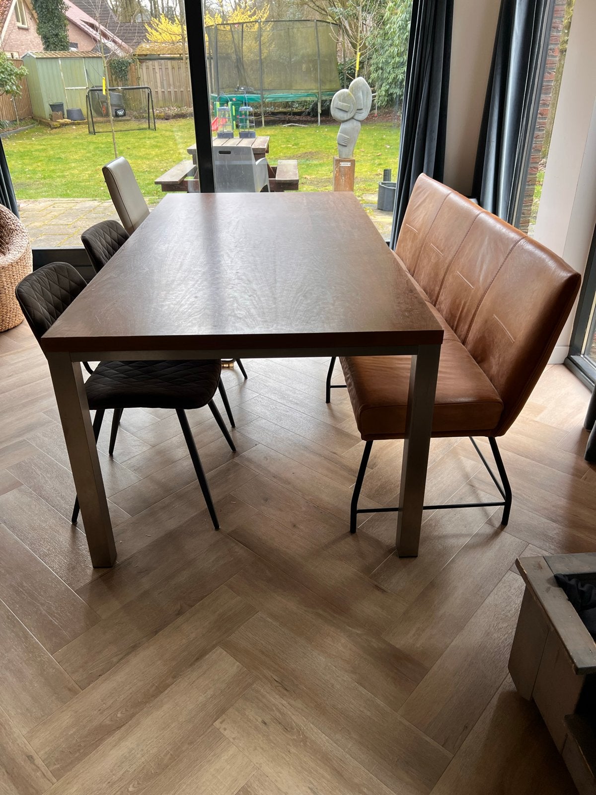 Topform eettafel met metalen onderstel, Huis en Inrichting, Tafels | Eettafels, Gebruikt, 100 tot 150 cm, 200 cm of meer, Vijf personen of meer