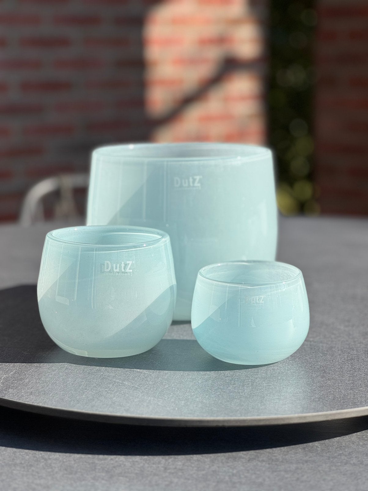 DutZ - prachtige windlichten / potten - lichtblauw - 3 delig, Ophalen of Verzenden, Nieuw, Blauw, Glas