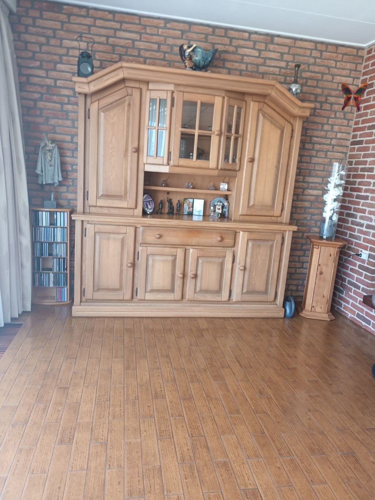 Massief eiken dressoir/vitrinekast - Landelijke stijl, Ophalen, Gebruikt, Met deur(en), 200 cm of meer