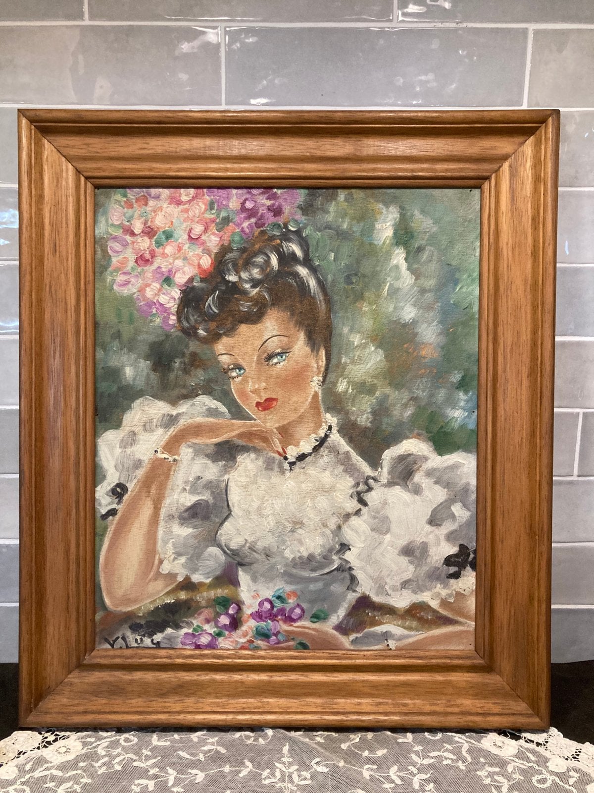 Vintage schilderij, jongedame (030725s), Ophalen of Verzenden, Olieverf, Portret of Personen, Paneel