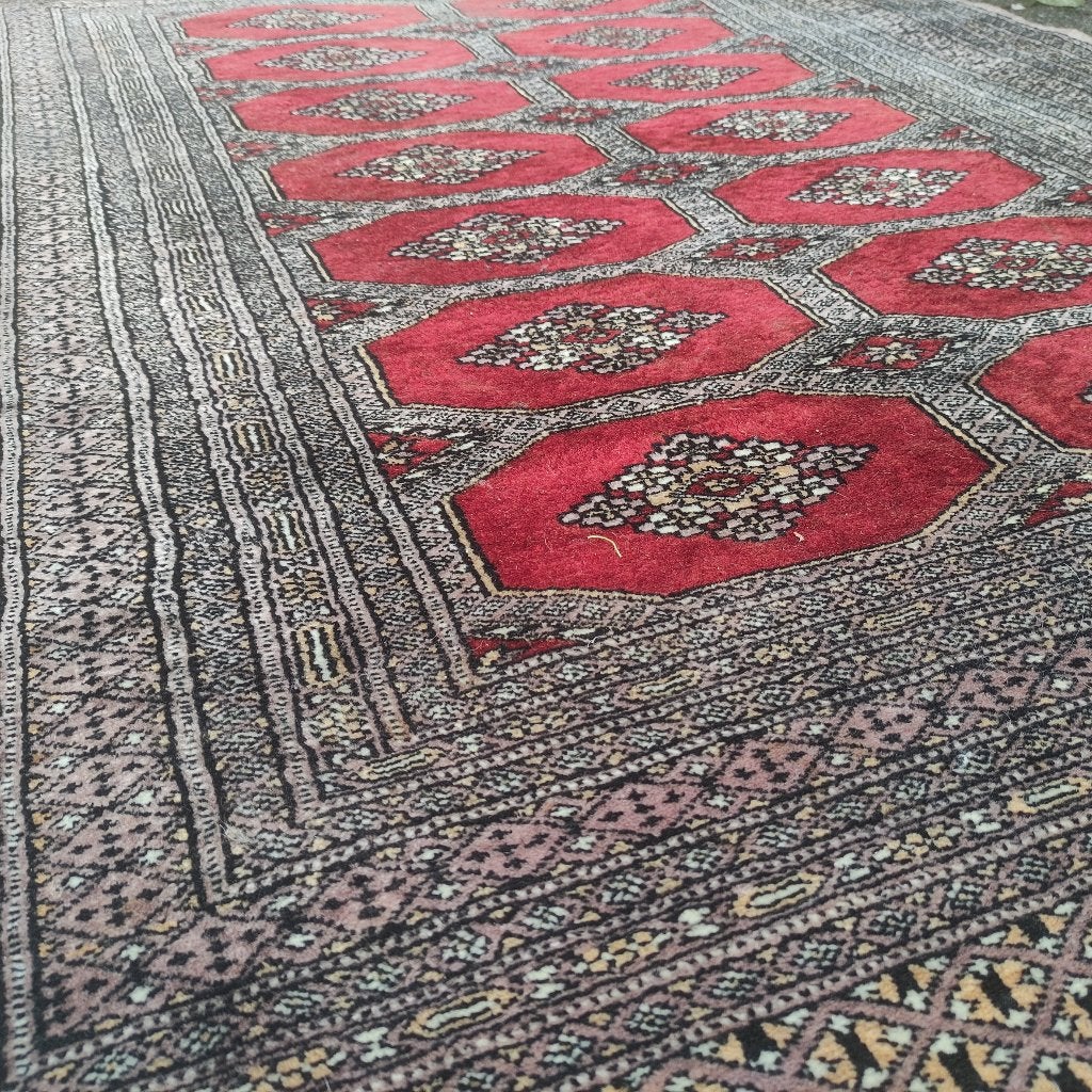 Schitterend vintage handgeknoopt buhara Perzisch tapijt, Geel, Gebruikt, 100 tot 150 cm, Ophalen of Verzenden