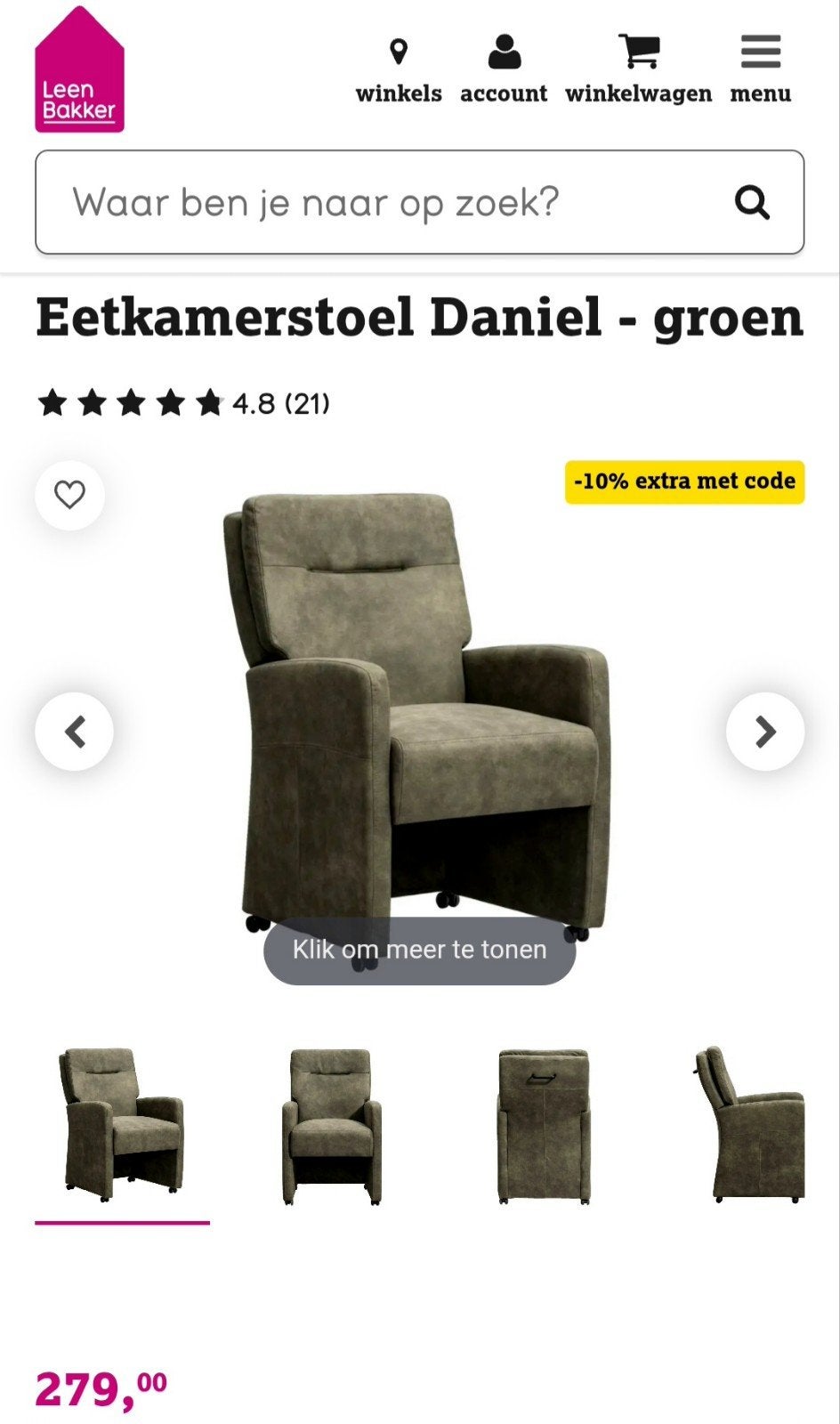 Eetkamerstoel Daniel 4 stuks - Groen (Leen Bakker), Ophalen, Modern, Comfortabel, Overige kleuren, Zo goed als nieuw
