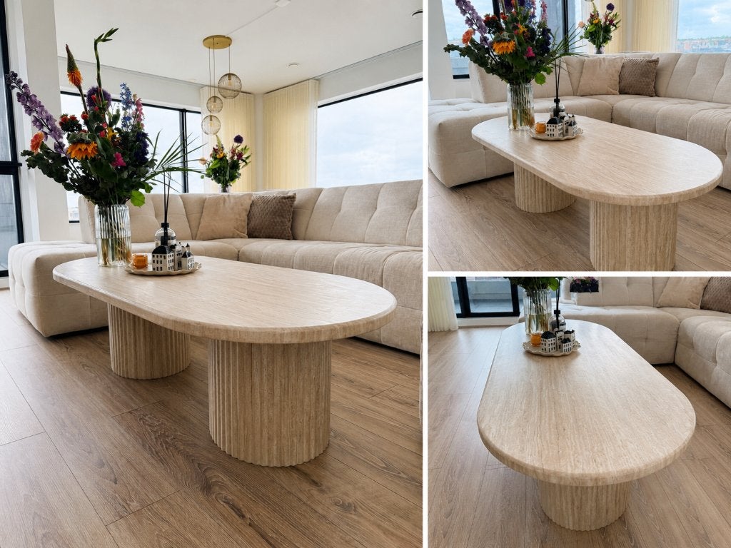 Luxe Travertin Look Salontafel 130 x 70 x 45 cm, Ophalen, 100 tot 150 cm, 50 tot 100 cm, Zo goed als nieuw