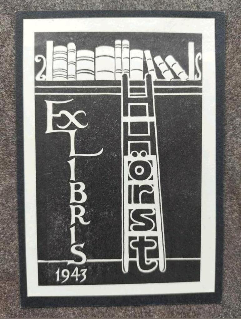 Exlibris H. Hörst (1943) (boekenplank, boeken, ladder), 10 cm, 7 cm, Origineel, 1900 - 1949