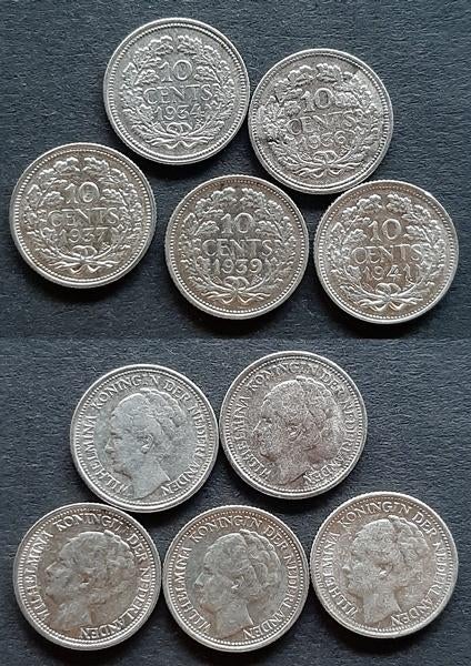 5 dubbeltjes Wilhelmina zilver 1934-1941, Verzenden, Koningin Wilhelmina, 10 cent, Zilver