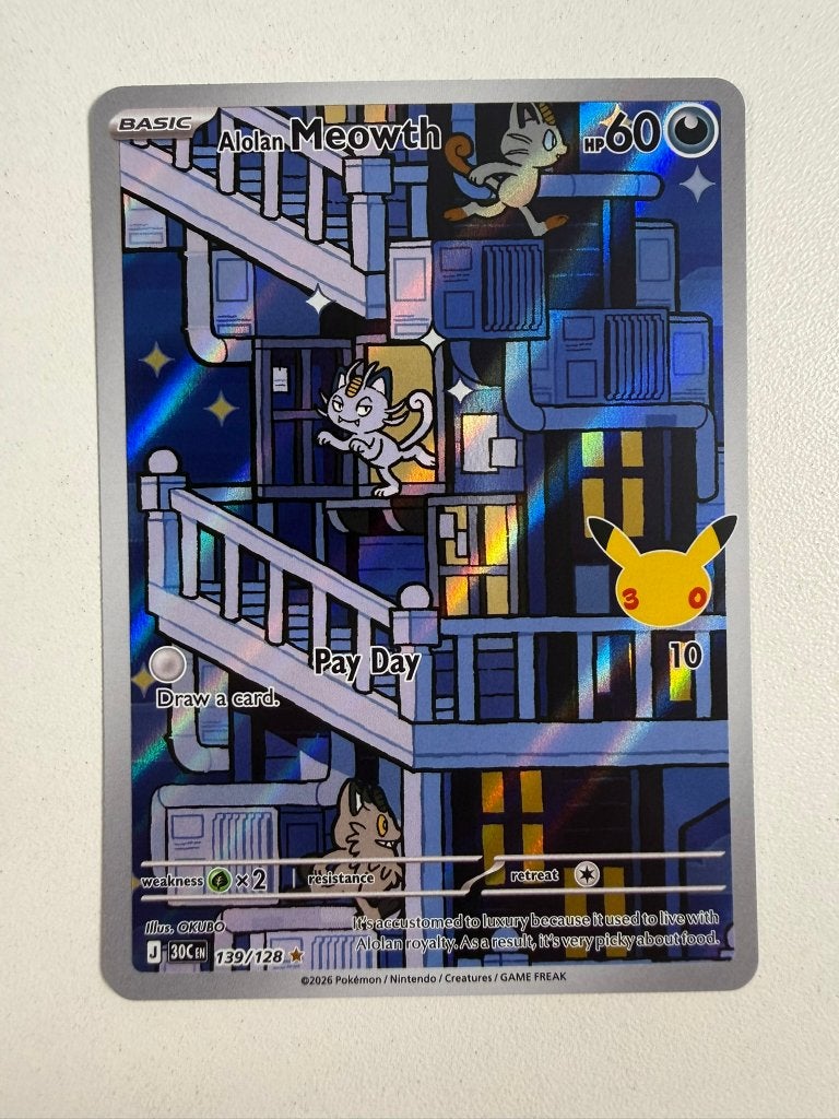 139/128 Alolan Meowth 30th Celebration Pokemon Kaart, Ophalen of Verzenden, Nieuw, Losse kaart