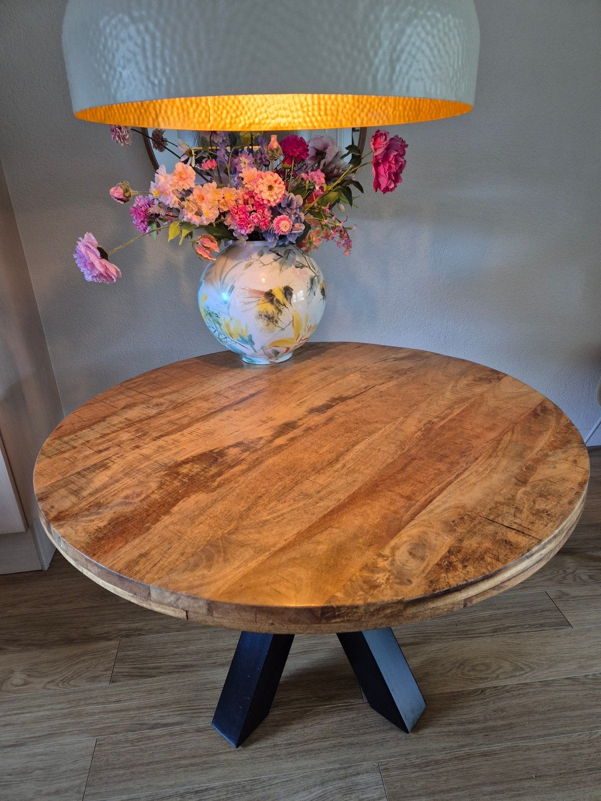 Mangohouten ronde eettafel diameter 120 cm, Ophalen, Gebruikt, Rond, 100 tot 150 cm
