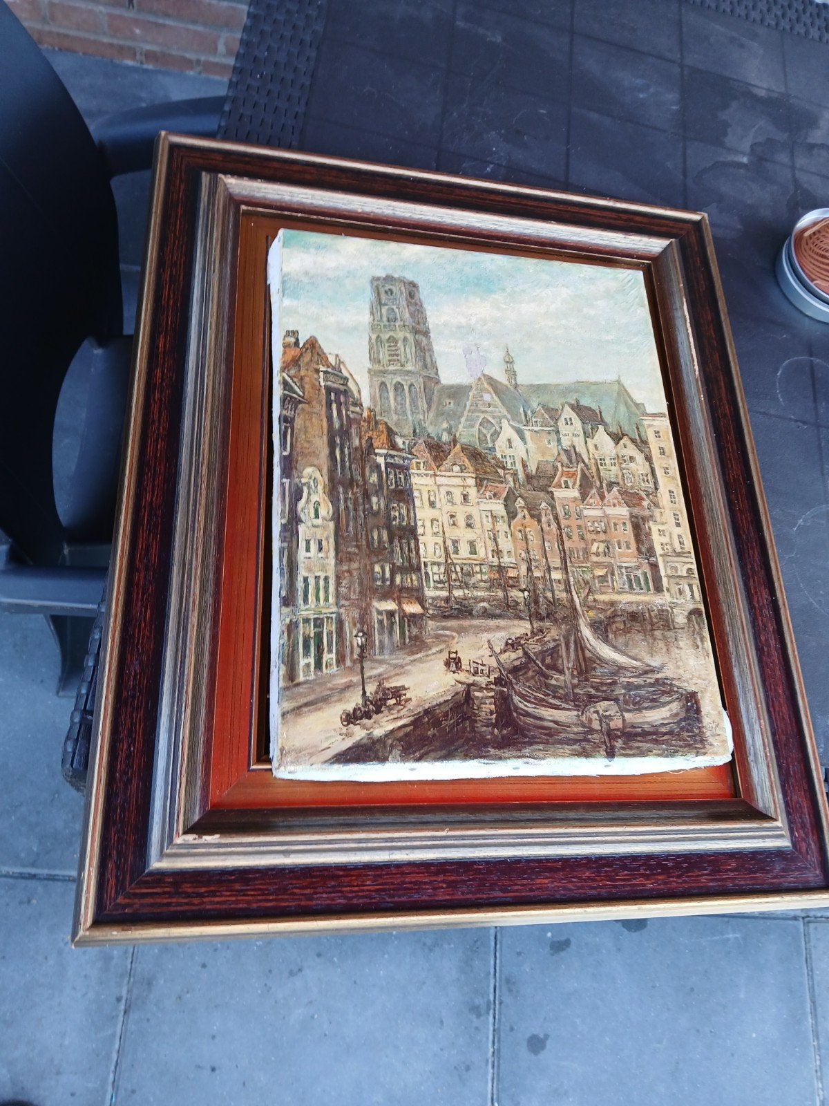 Oud schilderij stadsgezicht met kerk en gracht, Ophalen of Verzenden