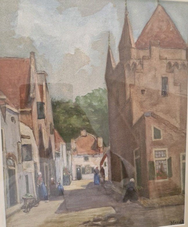 Gouache schilderij van stadje, gesigneerd 'Mondt' ', Ophalen of Verzenden