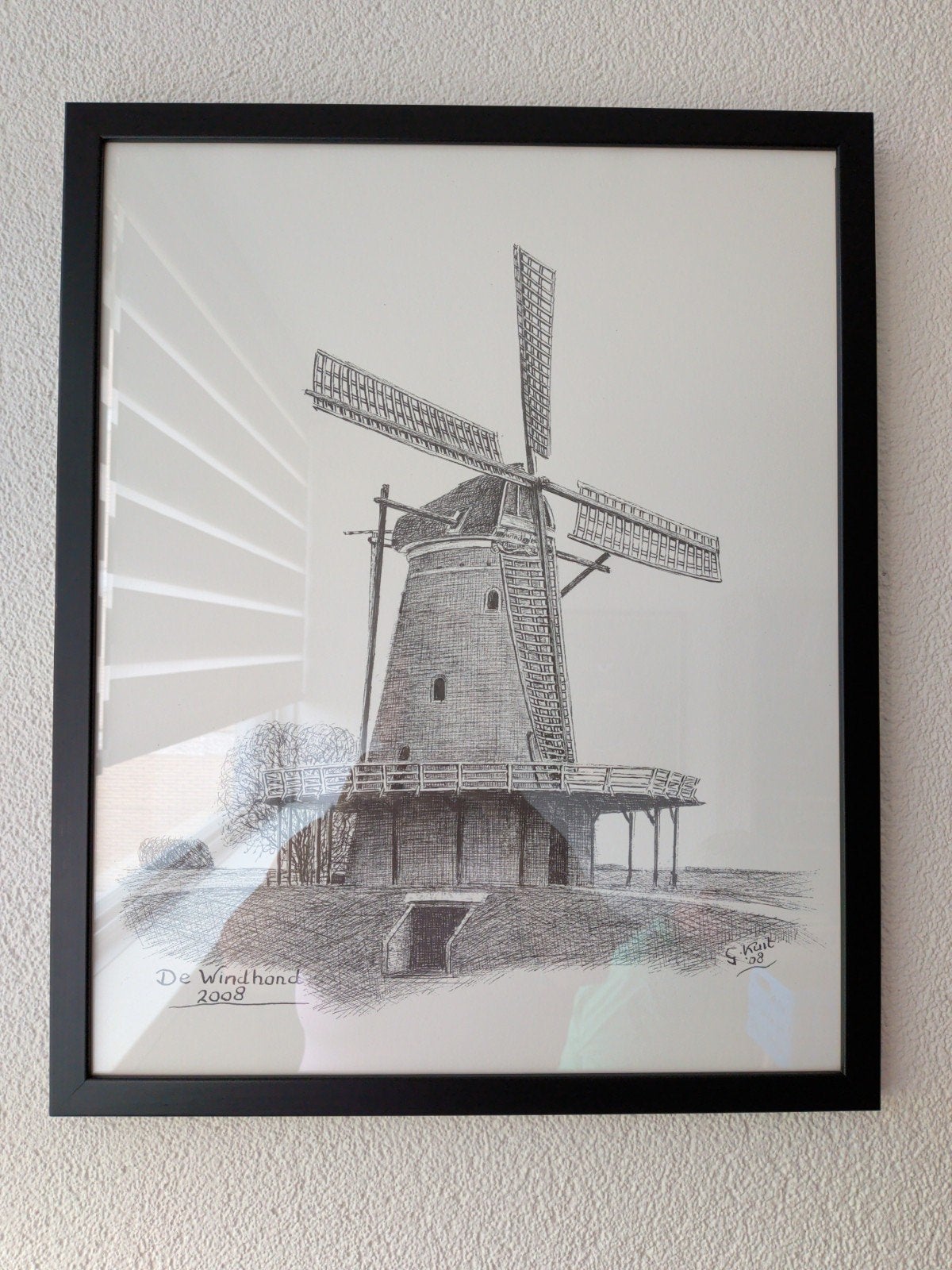 Ingelijste tekening Korenmolen De Windhond Soest, Antiek en Kunst, Ophalen of Verzenden