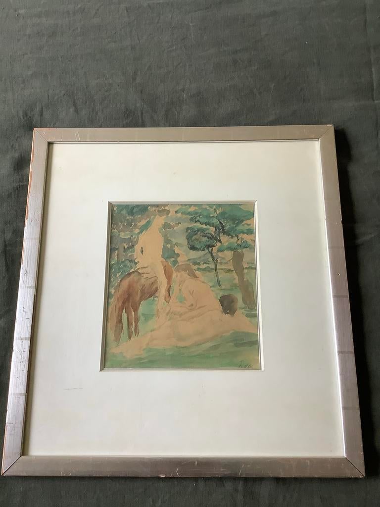 Herman Fiedler - Aquarel met figuren en paard, Ophalen