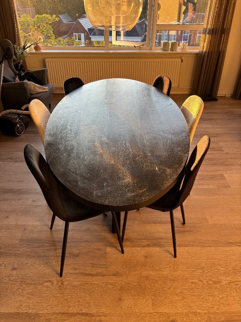 Zwarte ovalen eettafel met metalen kruispoot, Ophalen, 100 tot 150 cm, Eikenhout, 200 cm of meer