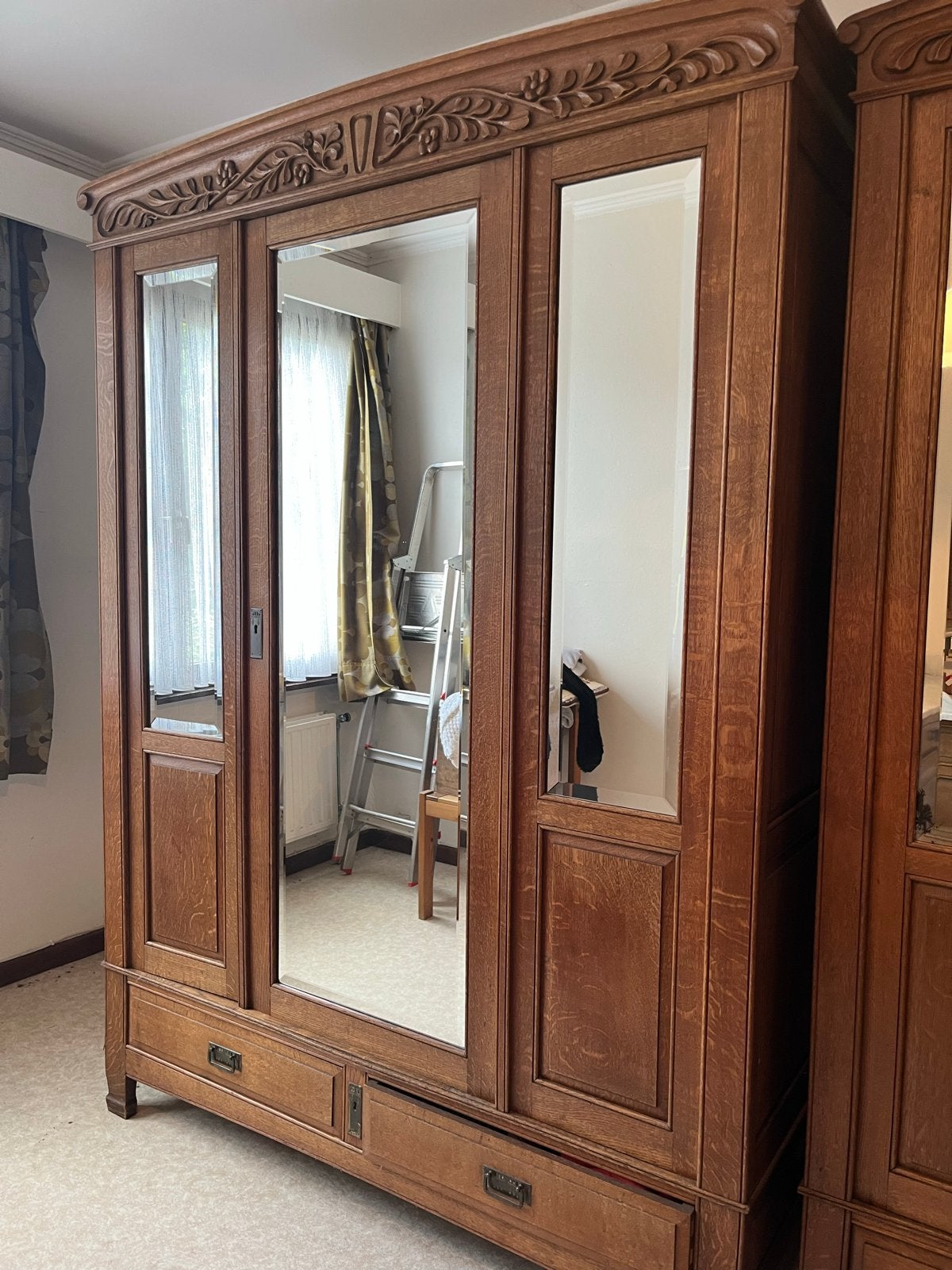 Antieke Eikenhouten Slaapkamer Set met Marmeren Details, Ophalen